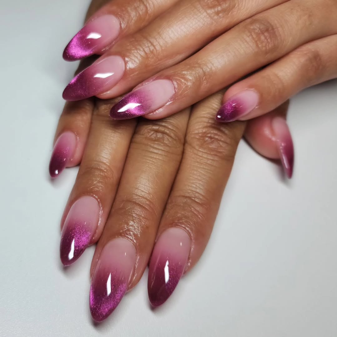 Pink Cat Eye Ombre Almond Nails