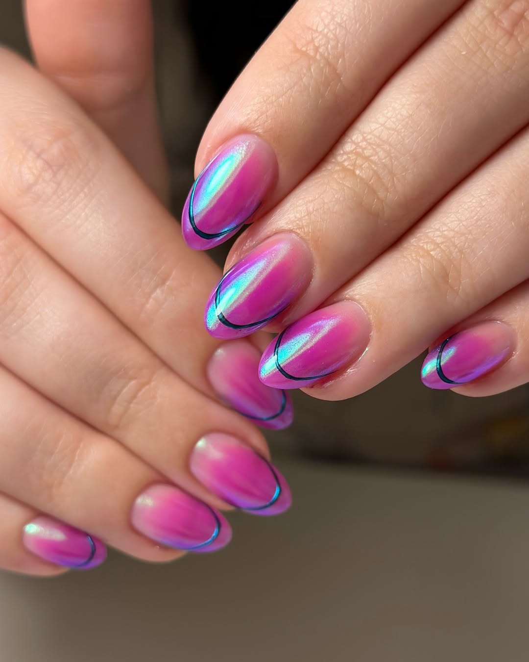 Pink Chrome Aura Nails with Blue Outline Art