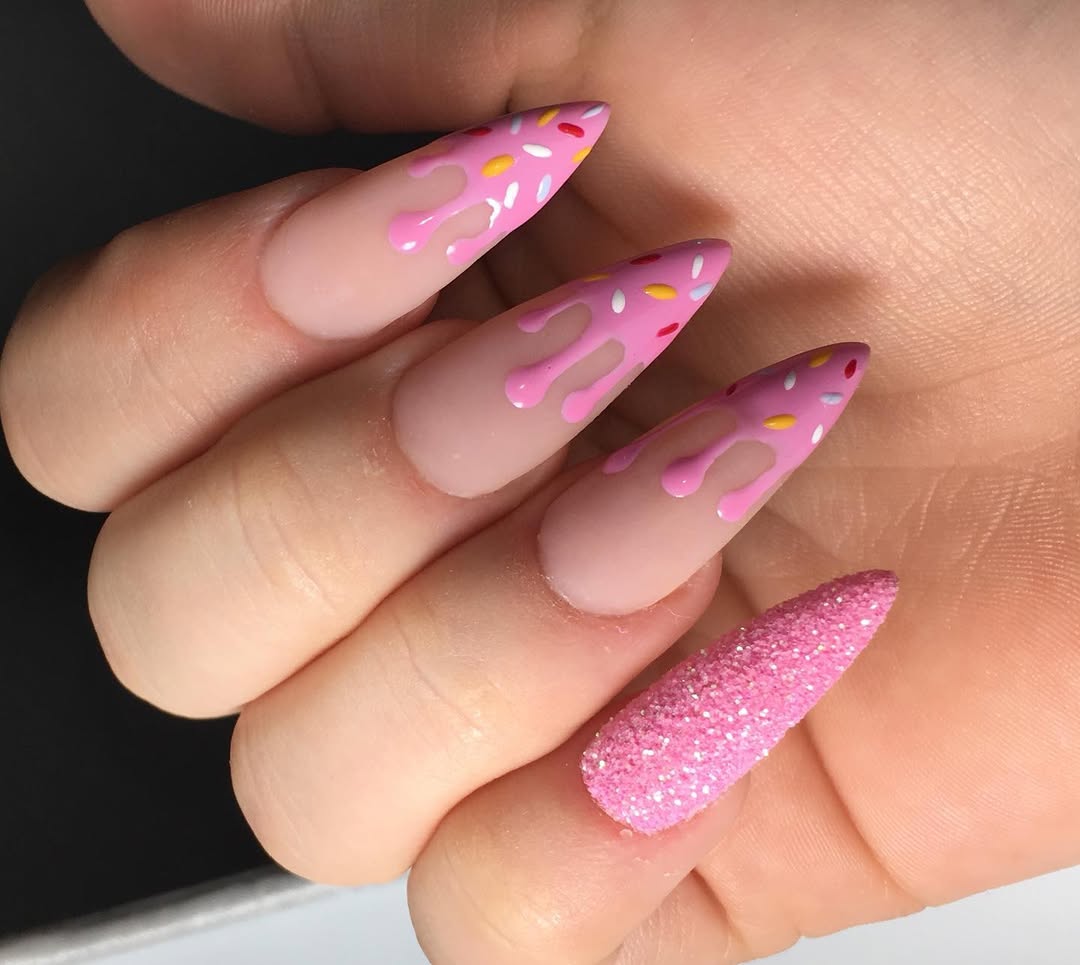 Pink Drip Donut Sprinkle Matte Stiletto Nails