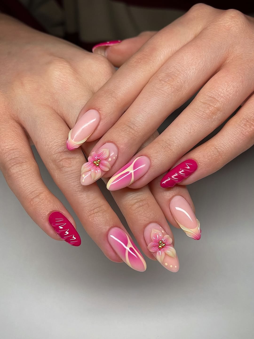Pink Floral 3D Almond Nails with Swirls