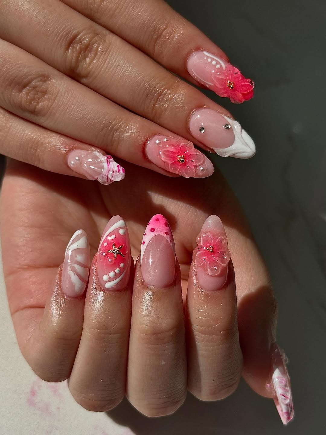 Pink Floral 3D Dreamy Almond Nails
