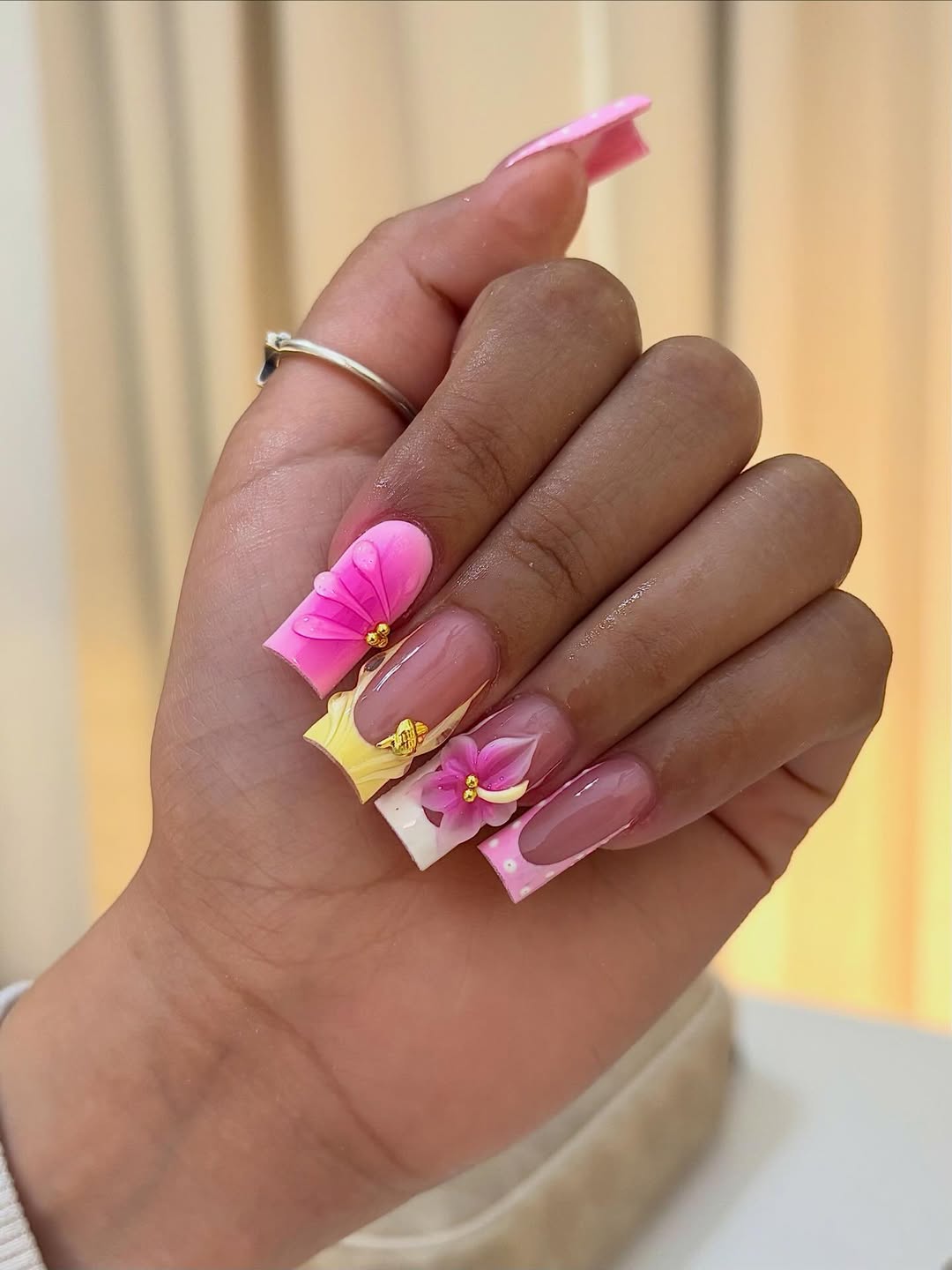 Pink Floral 3D French Tips With Gold Accents
