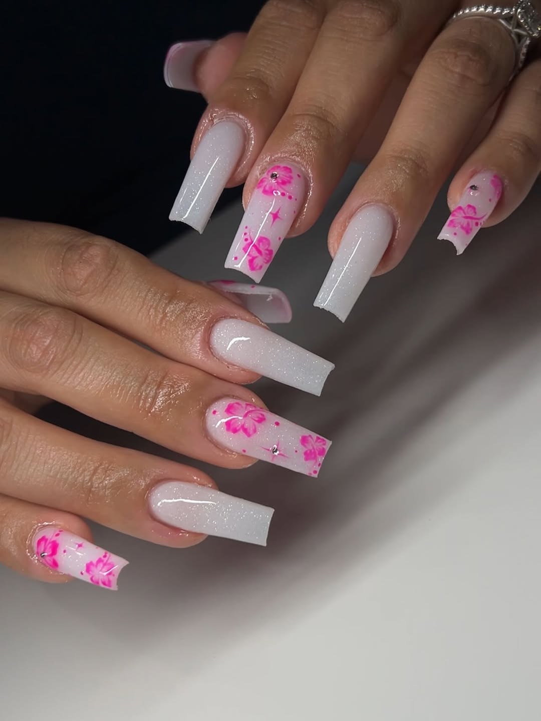 Pink Floral Accent White Glitter Coffin Nails