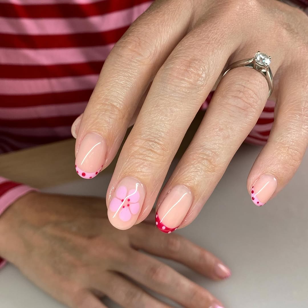 Pink Floral Dotted French Tip Nails