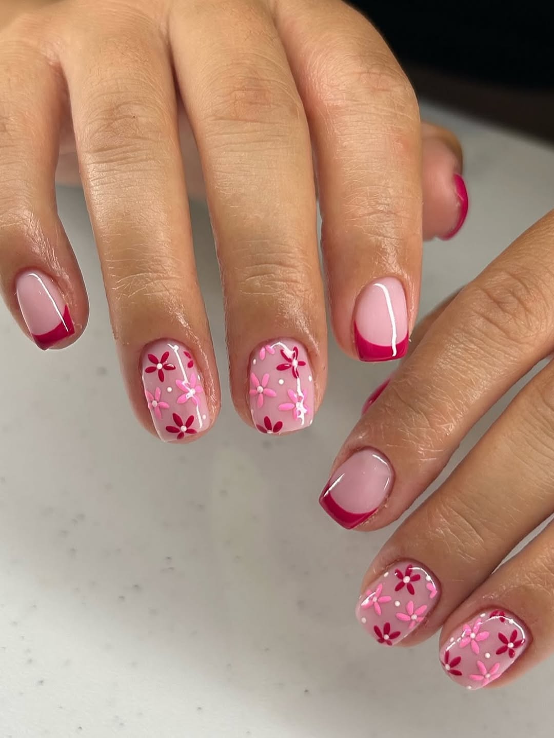 Pink Floral French Tip Accent Nails