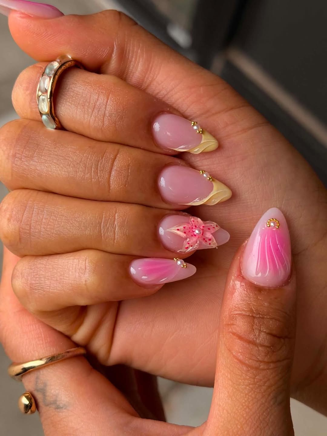 Pink Floral Jelly Rhinestone Almond French Tips