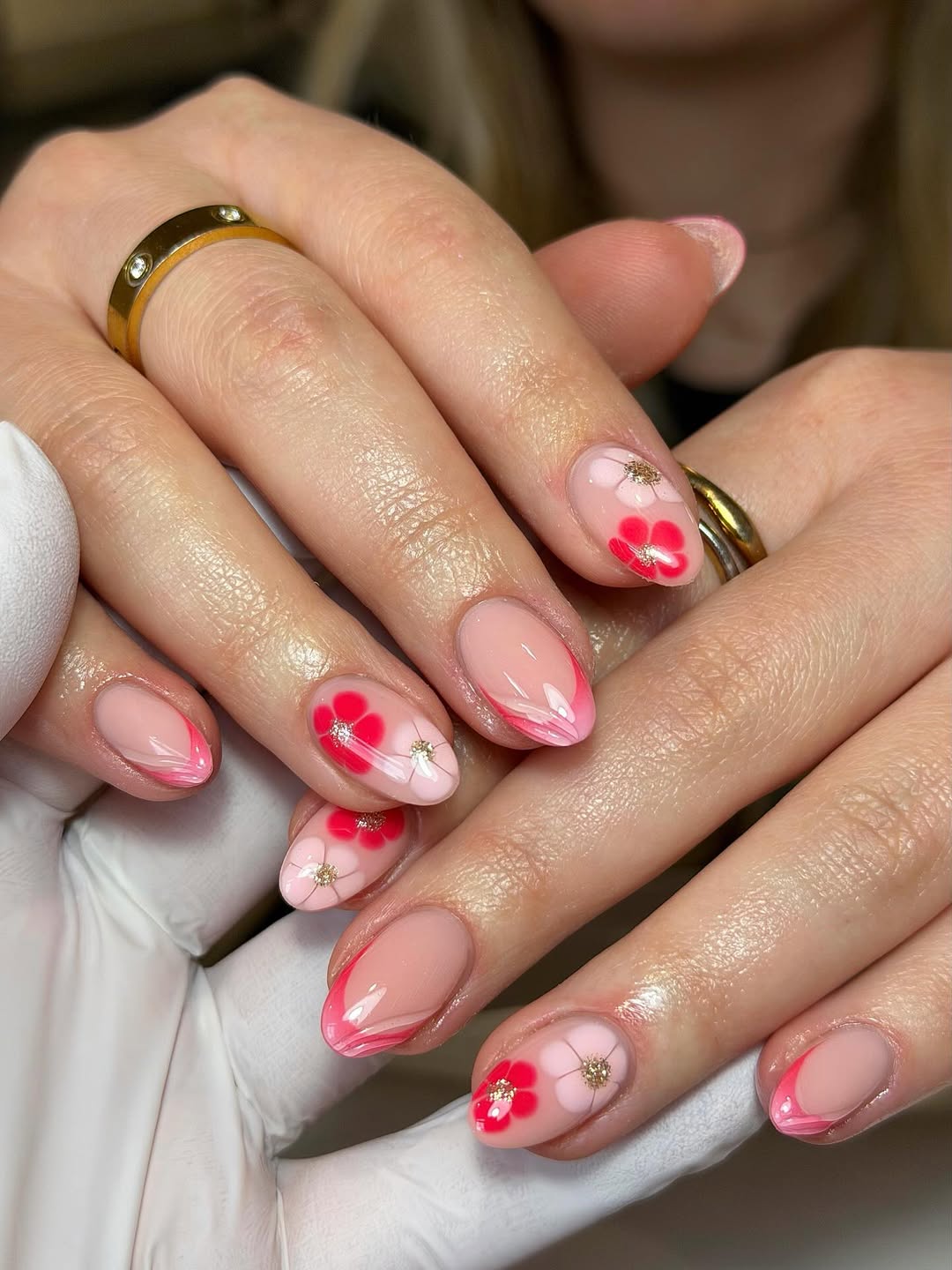 Pink Floral Swirl Almond French Tips