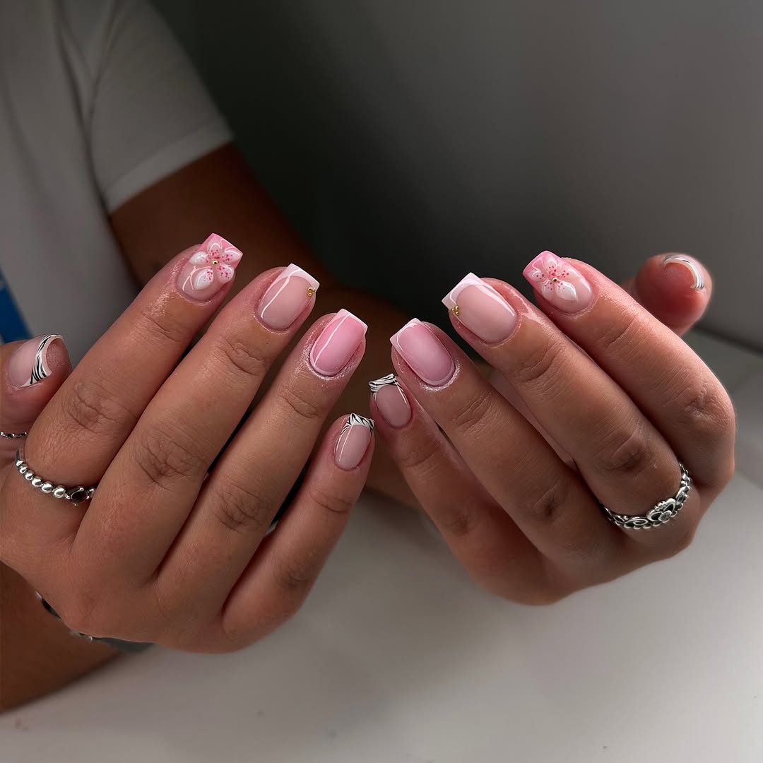 Pink French Tips With Cherry Blossom And Zebra Accents