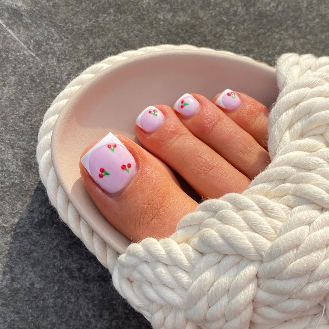 Pink French Toe Nails with Cherry Art