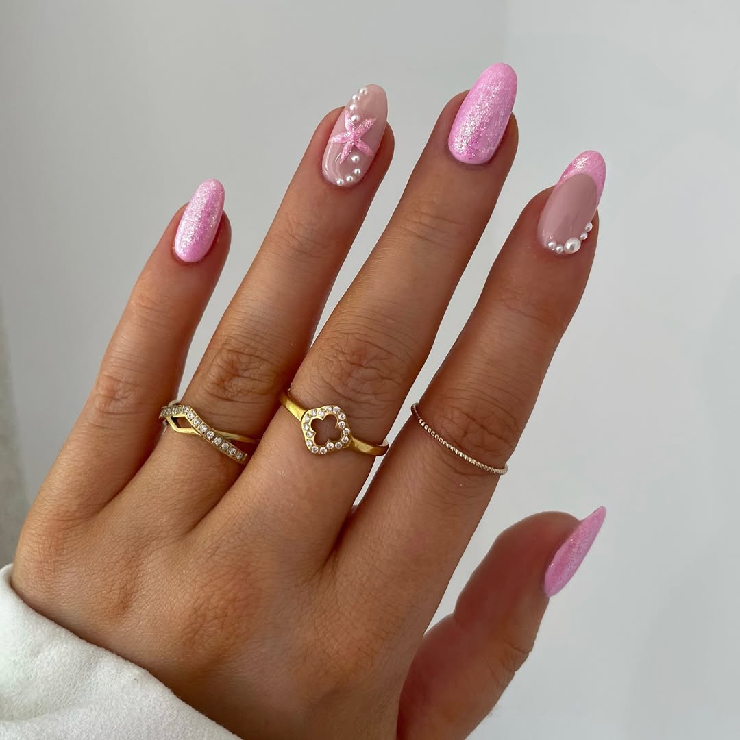 Pink Glitter Almond Nails with Pearl Starfish