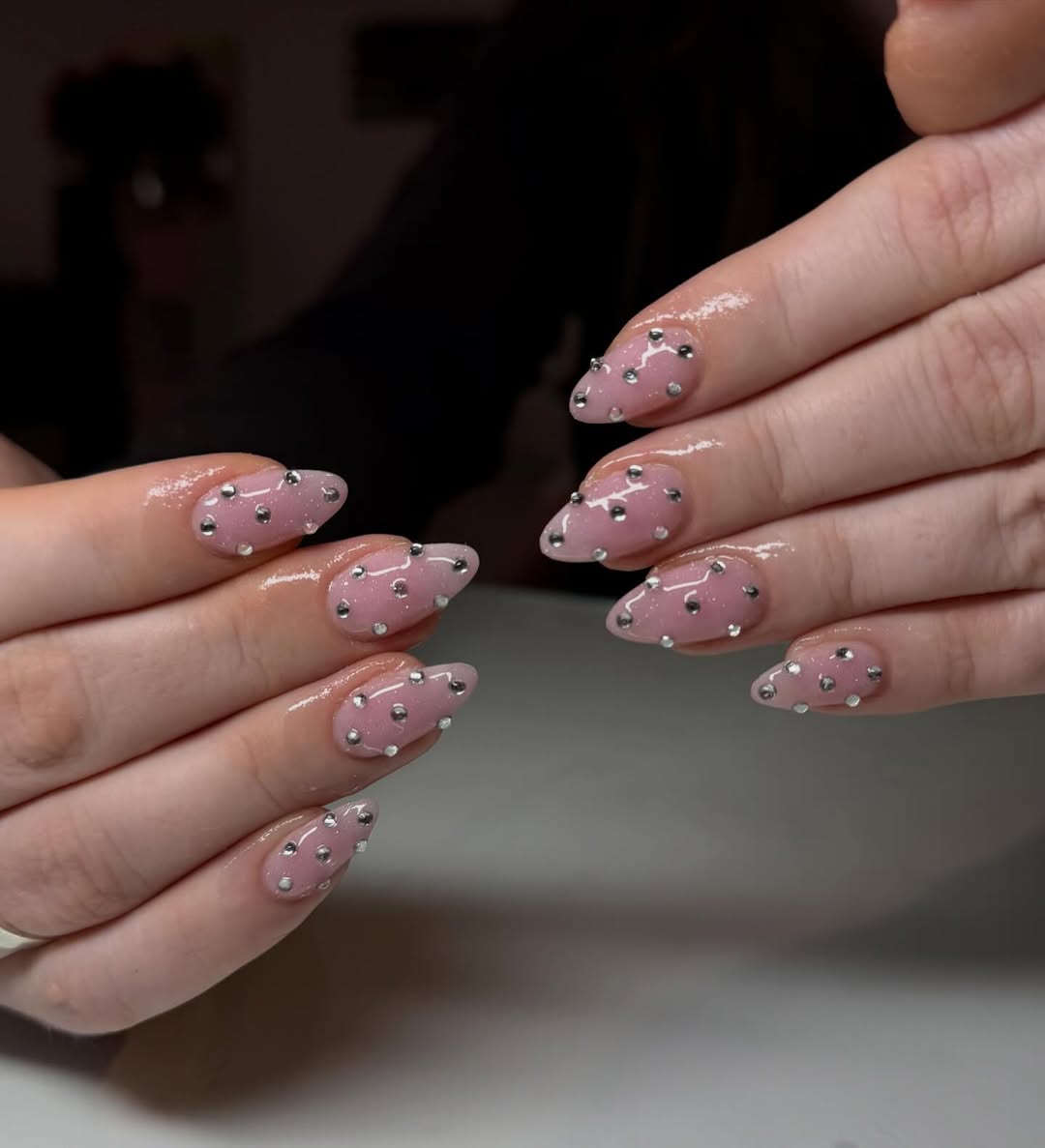 Pink Jelly Almond Nails With Rhinestone Studs