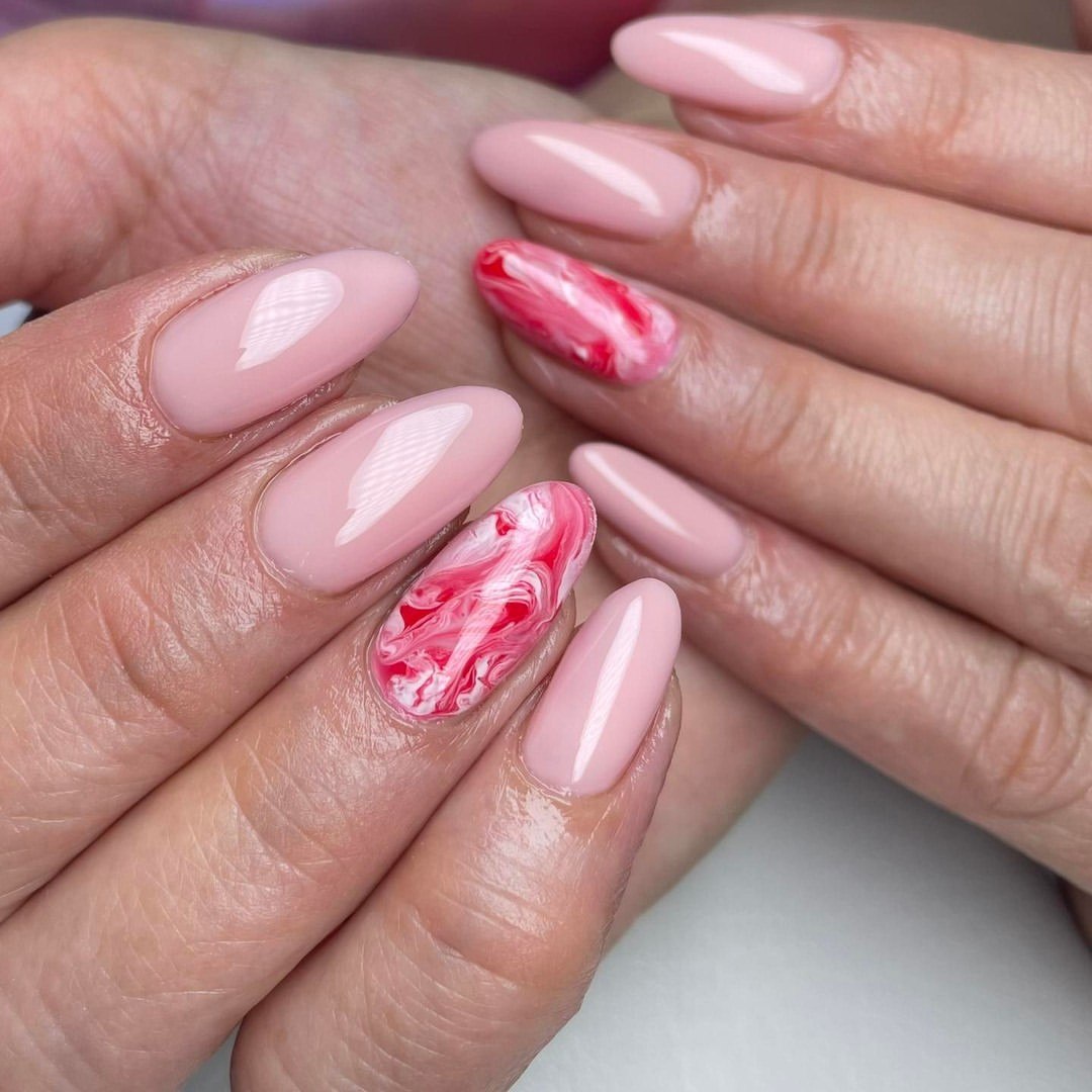 Pink Marble Accent Almond Nails