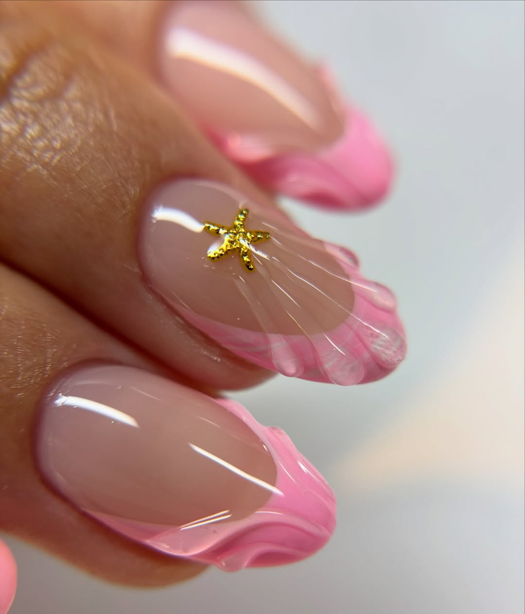 Pink Marble French Tips with 3D Seashell Accent
