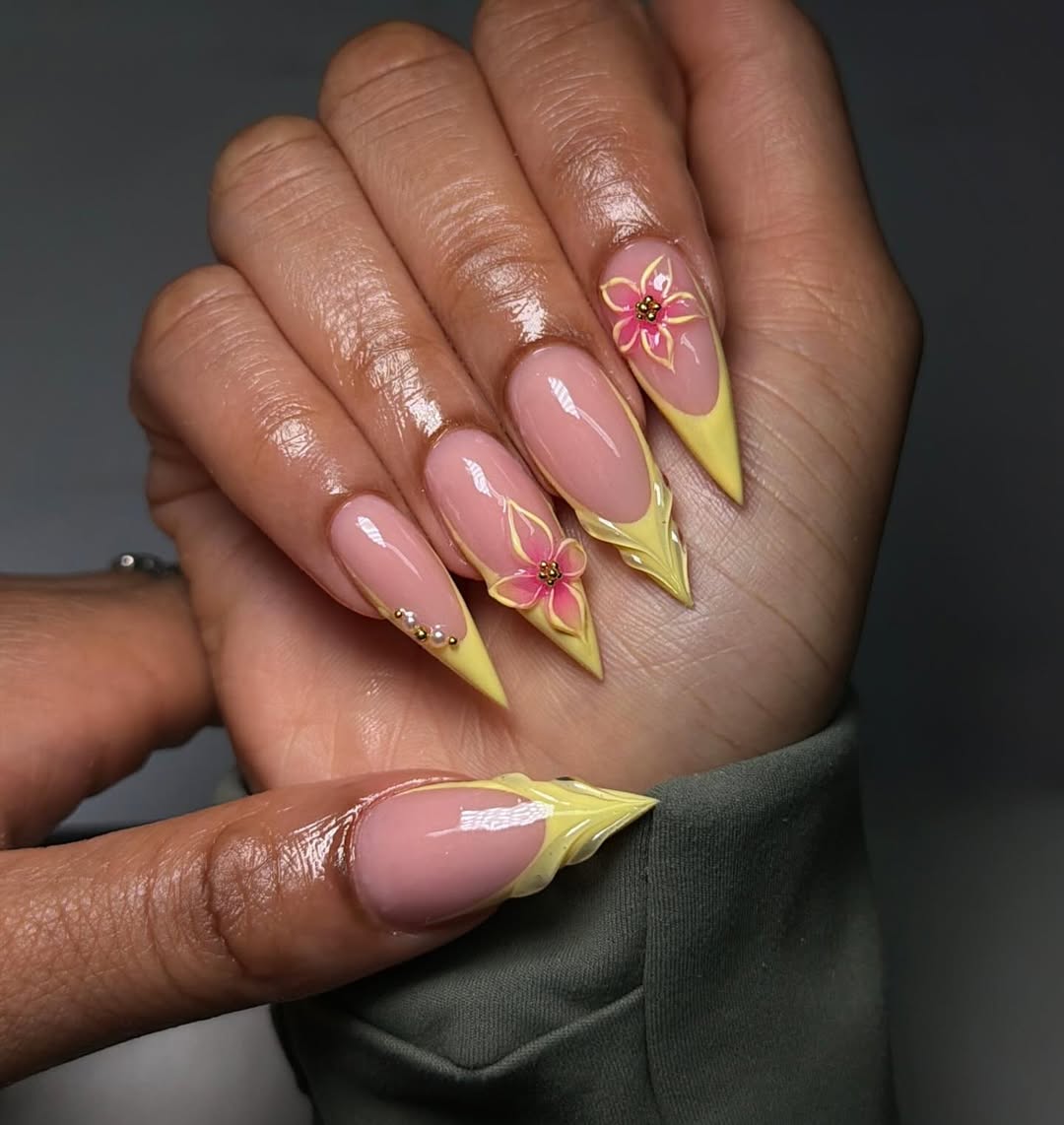 Pink Nude and Yellow Stiletto Floral 3D French