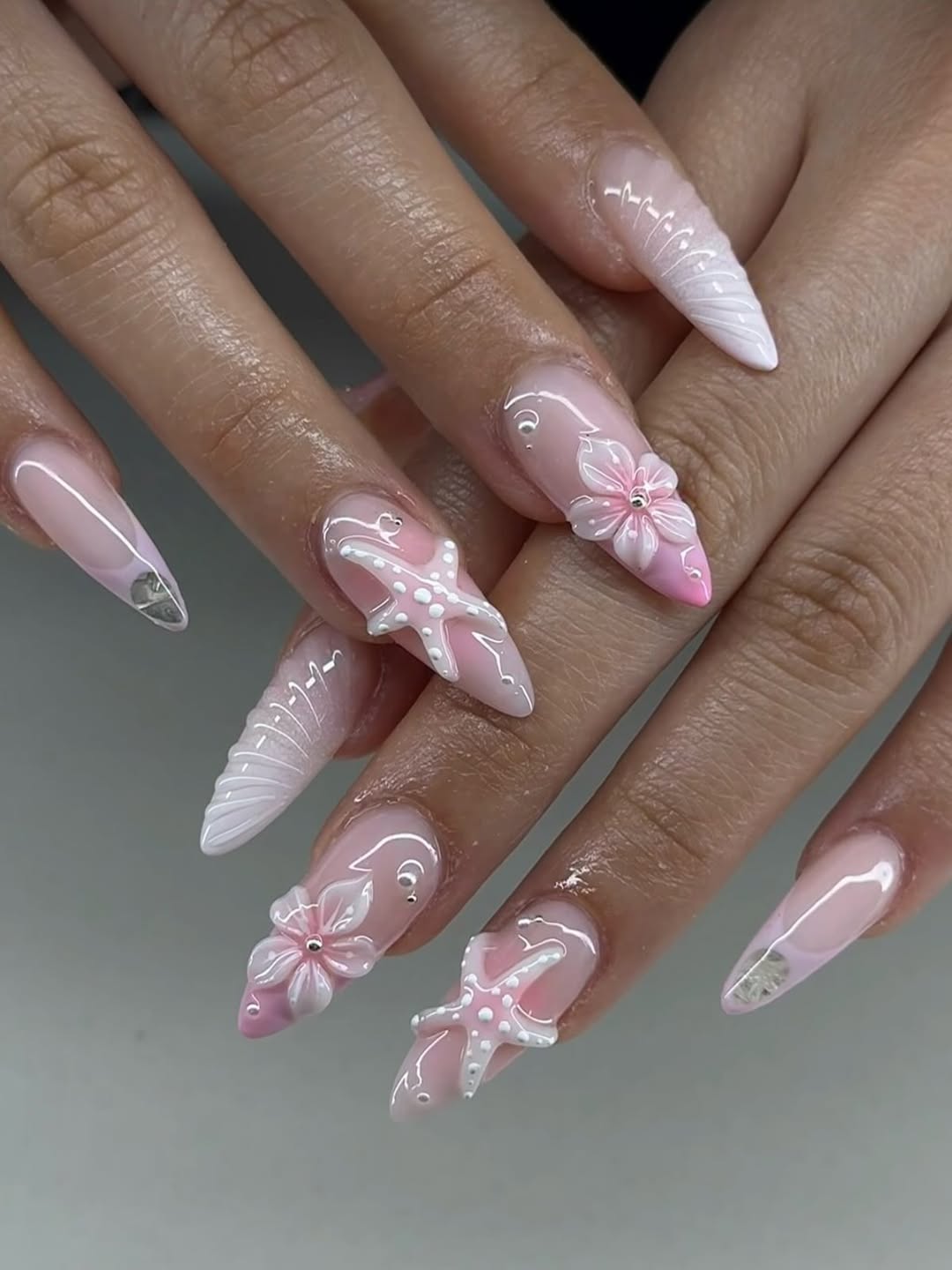 Pink Ocean Dream 3D Floral Starfish Stiletto Nails
