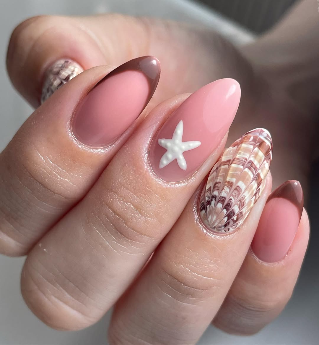 Pink Ocean Waves Starfish Almond Nails