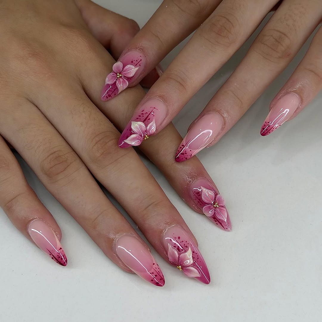 Pink Ombre Stiletto Floral 3D Acrylic Nails