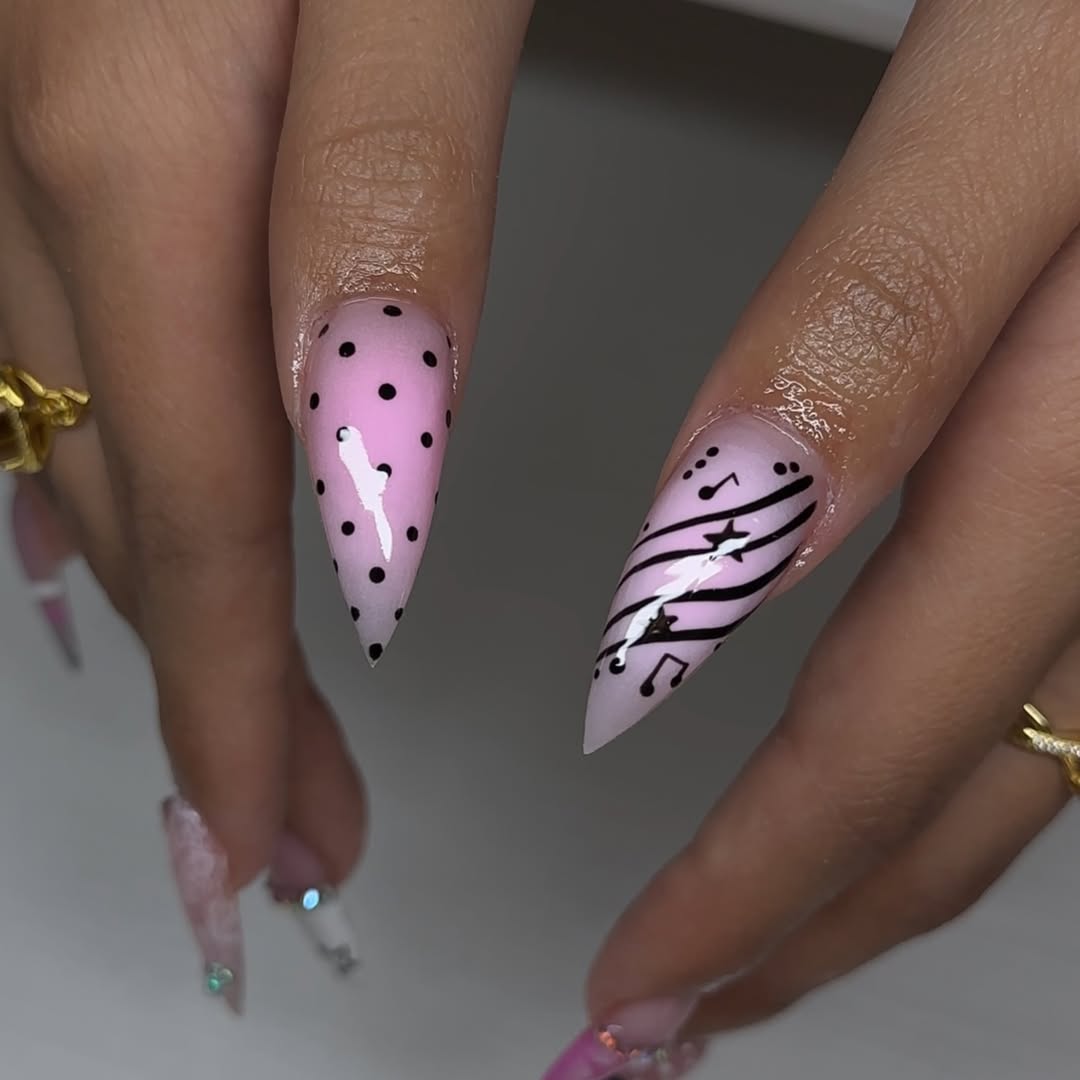 Pink Ombre Stiletto Polka Dot and Music Note Nails