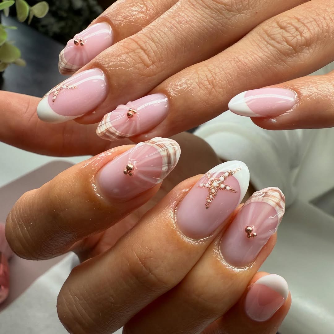Pink Plaid Ombre French Tips with Shell Accents