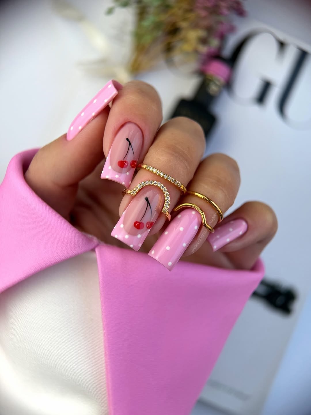 Pink Polka Dot and Cherry French Tip Nails