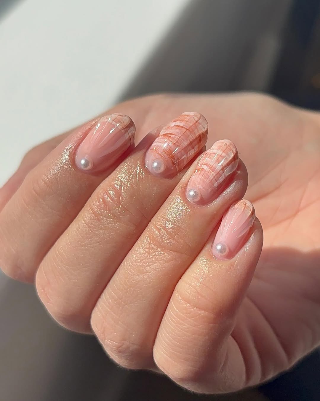 Pink Seashell Pearl Accent Oval Manicure
