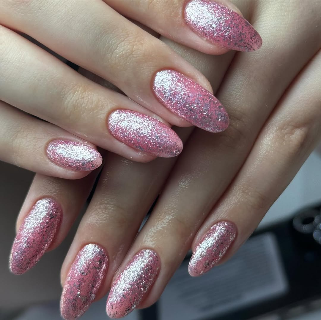 Pink Sparkle Glitter Almond Summer Nails