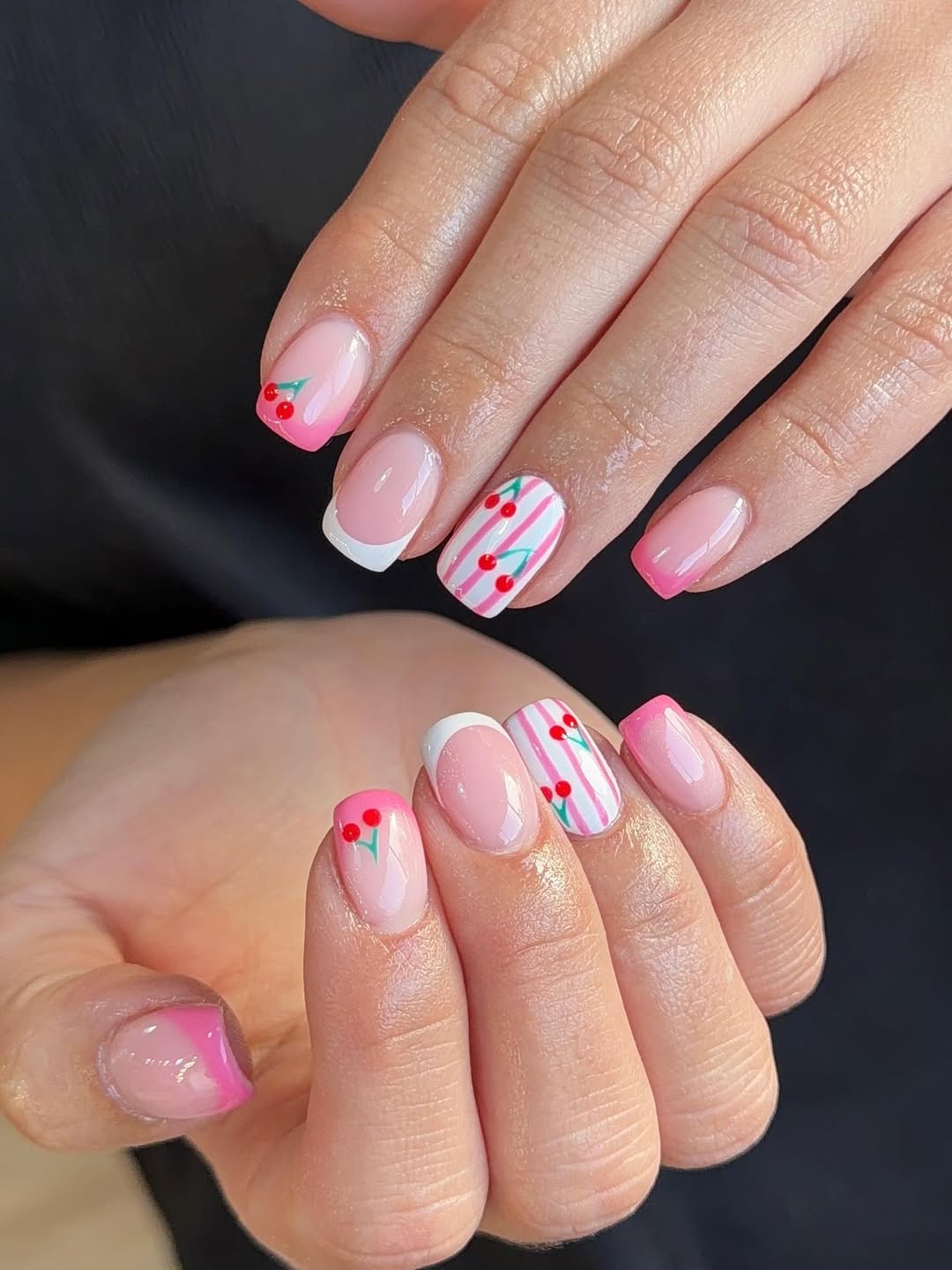 Playful Gingham Cherry Pink French Nails