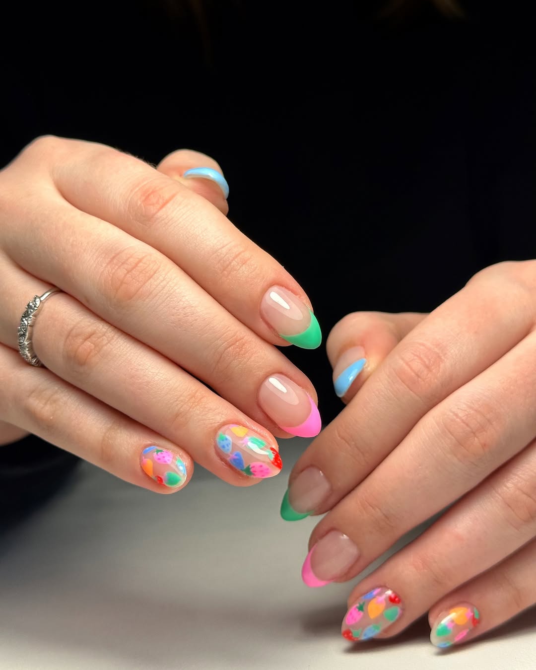 Playful Mismatched French Tips with Strawberry Accents