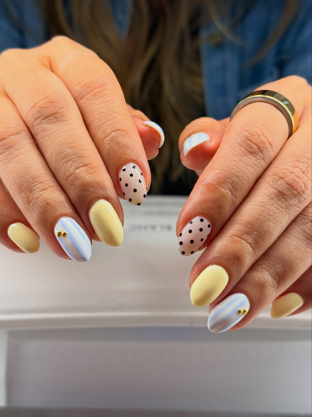 Playful Pastel Polka Dot and Striped Oval Nails