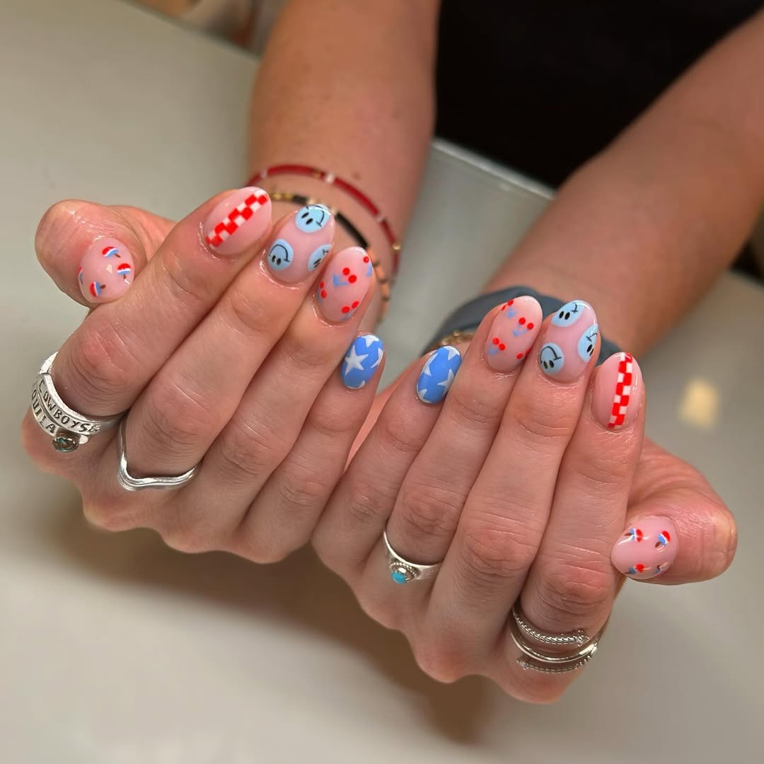 Playful Patriotic Smiley Face & Star Art Nails