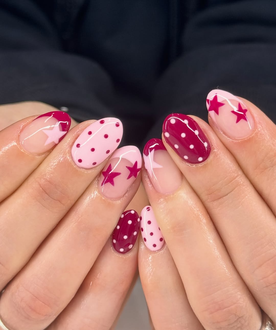 Playful Pink and Berry Star Polka Dot Nails