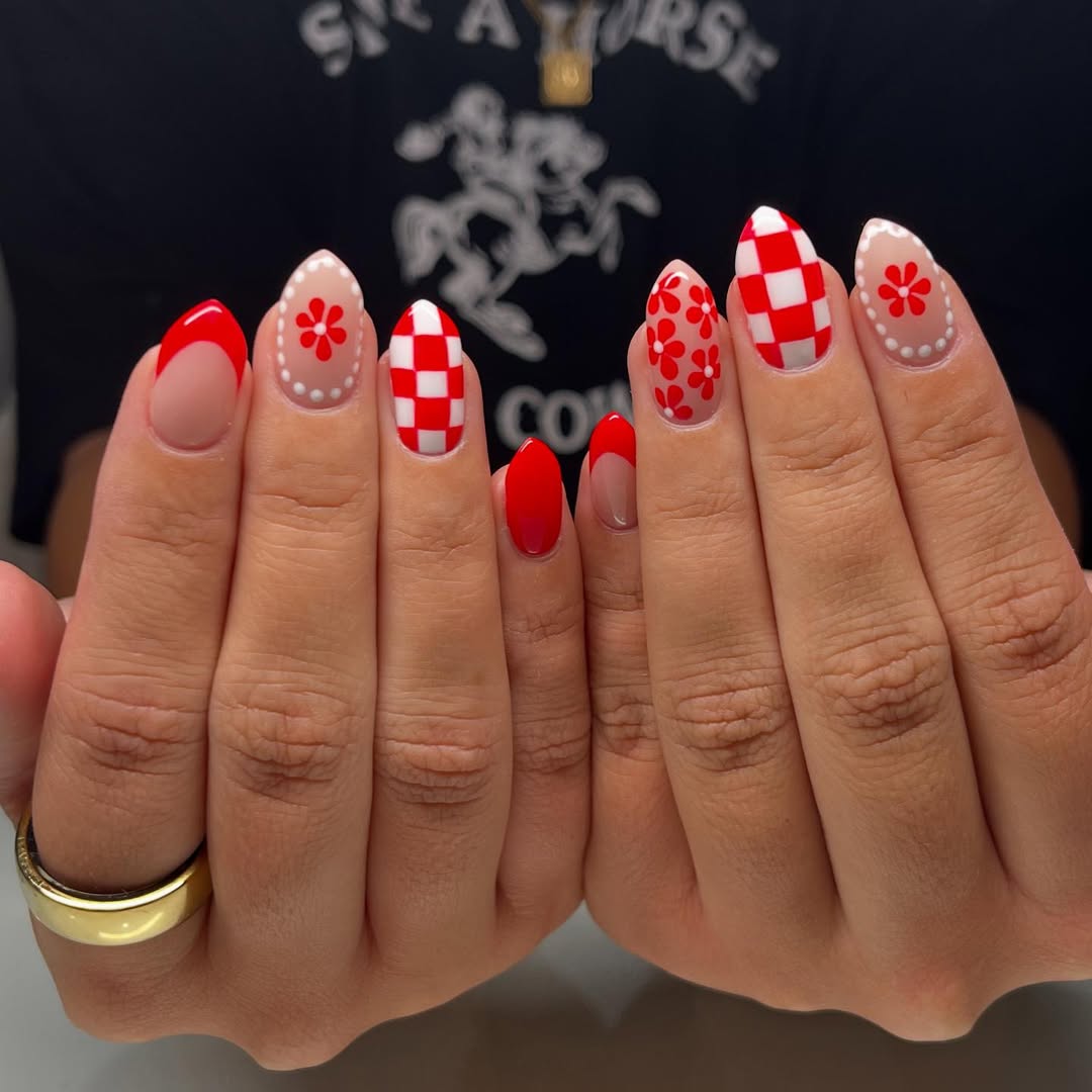 Playful Red and White Almond Mixed Art Nails