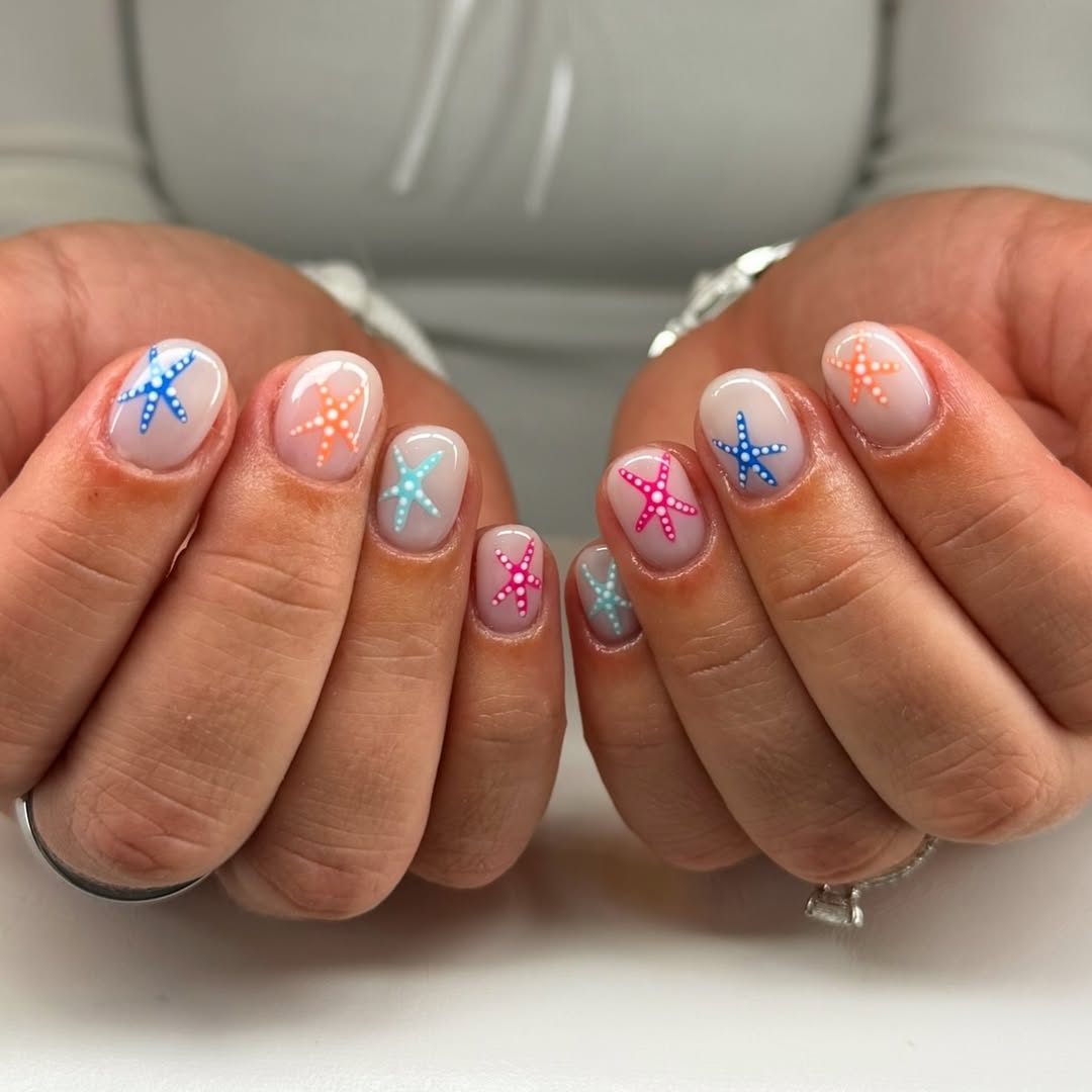 Playful Starfish Milky Nude Short Round Nails