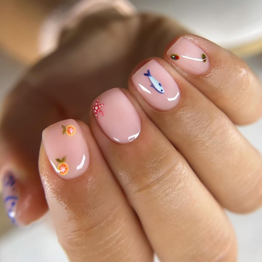 Playful Summer Short Pink Nails With Fruit and Marine Art
