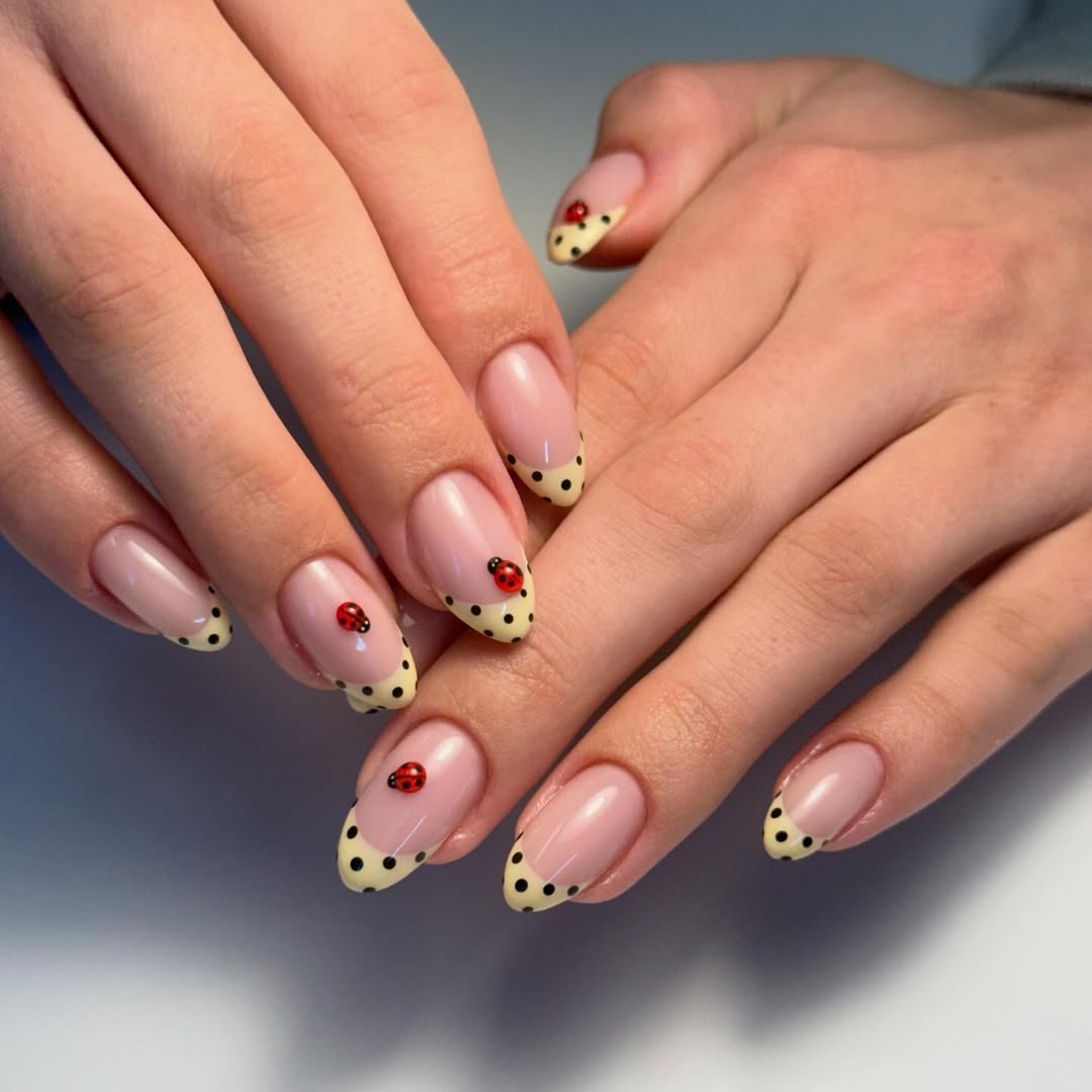 Polka Dot Lemon French Tip Ladybug Nails