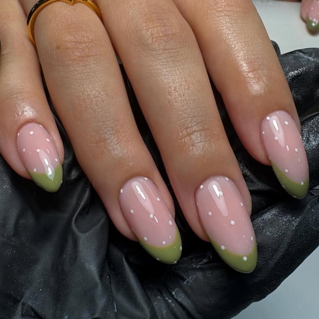 Polka Dot Sage Green French Tip Almond Nails