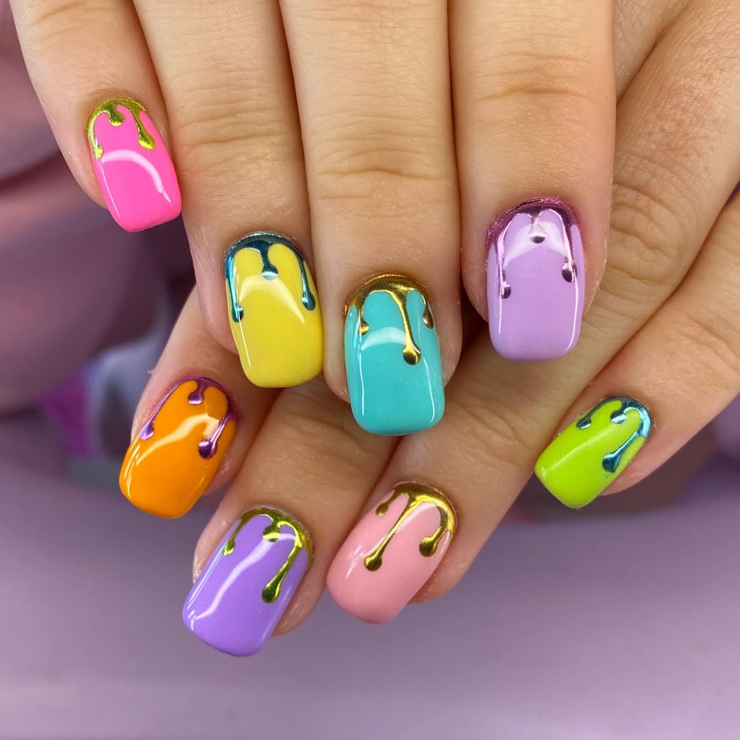 Rainbow Drip Metallic Funky Squoval Nails