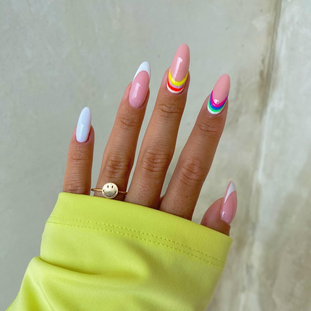 Rainbow French Tip and White Almond Nails