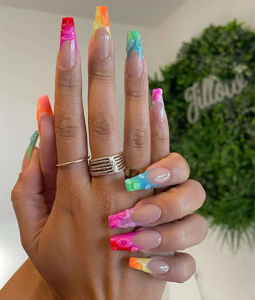 Rainbow French Tips With 3D Drips Coffin Nails