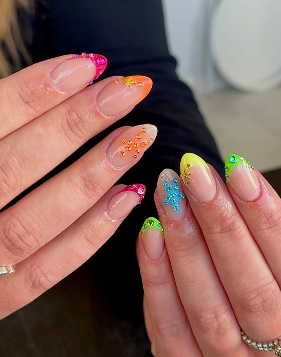 Rainbow French Tips With Colorful Rhinestone Accents