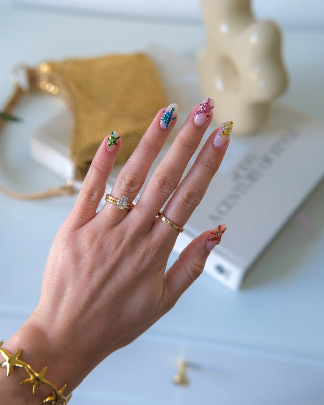 Rainbow Gemstone Almond Nails with Milky Base