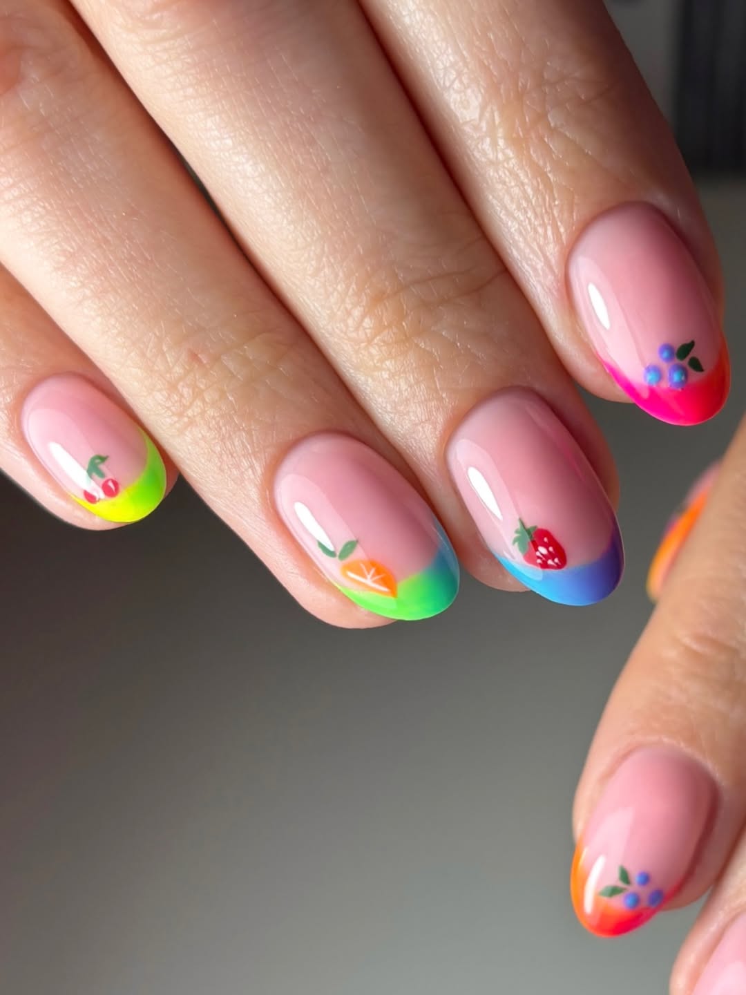 Rainbow Gradient French Nails with Tiny Fruit Art