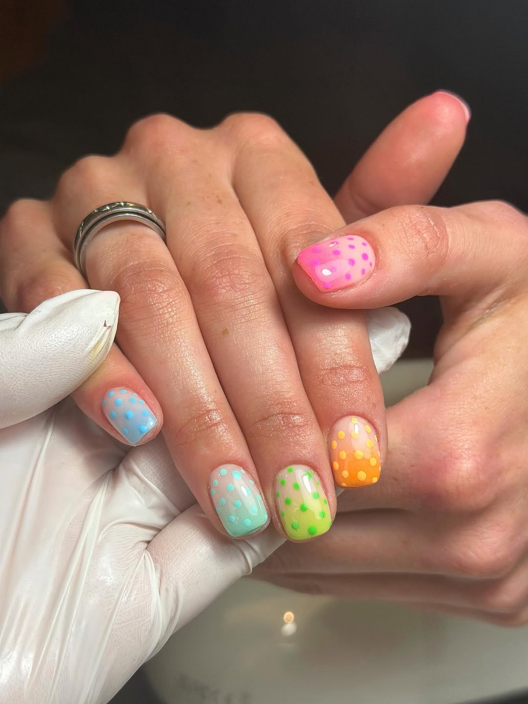 Rainbow Polka Dot Glossy Short Squoval Nails