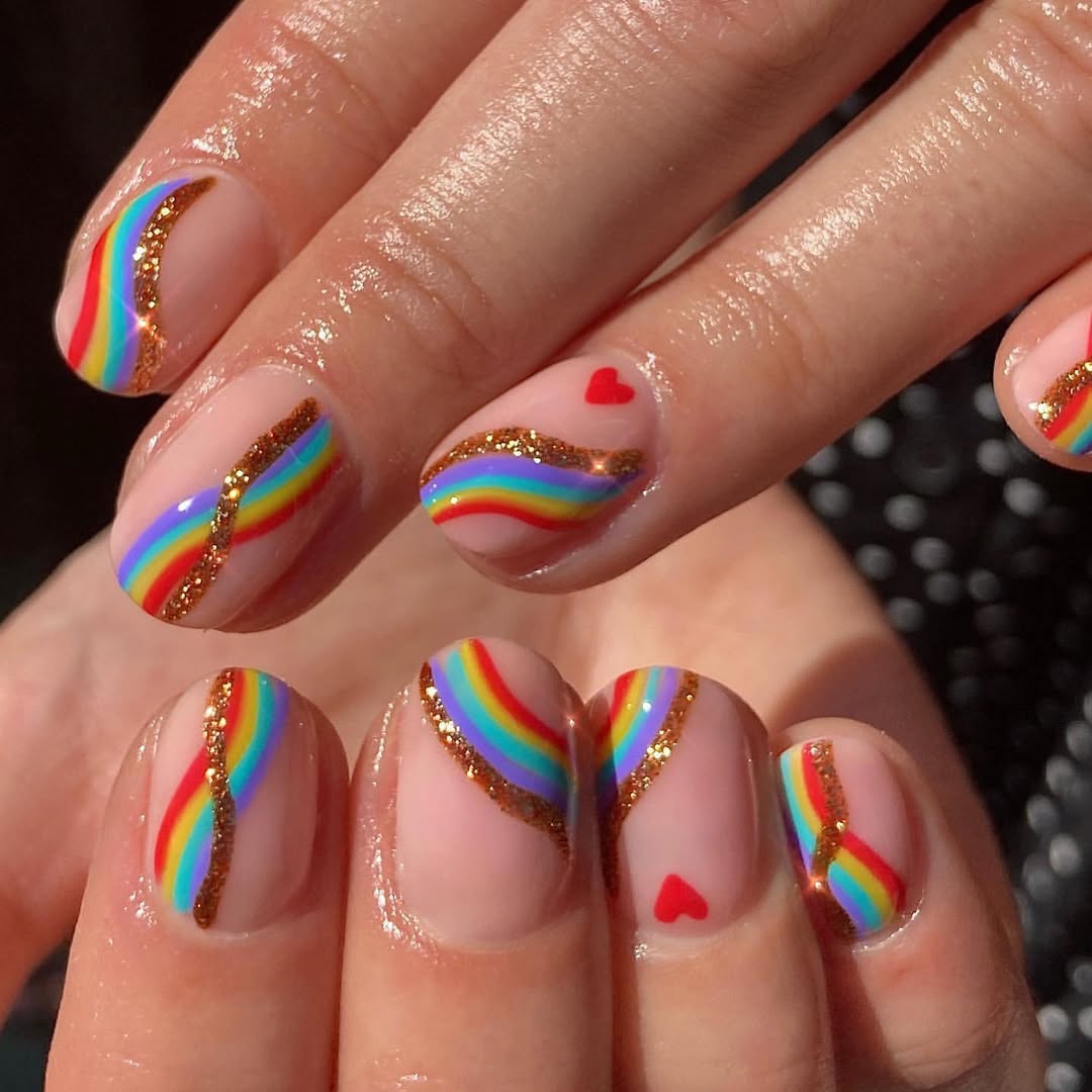 Rainbow Swirl Glitter Short Round Nails