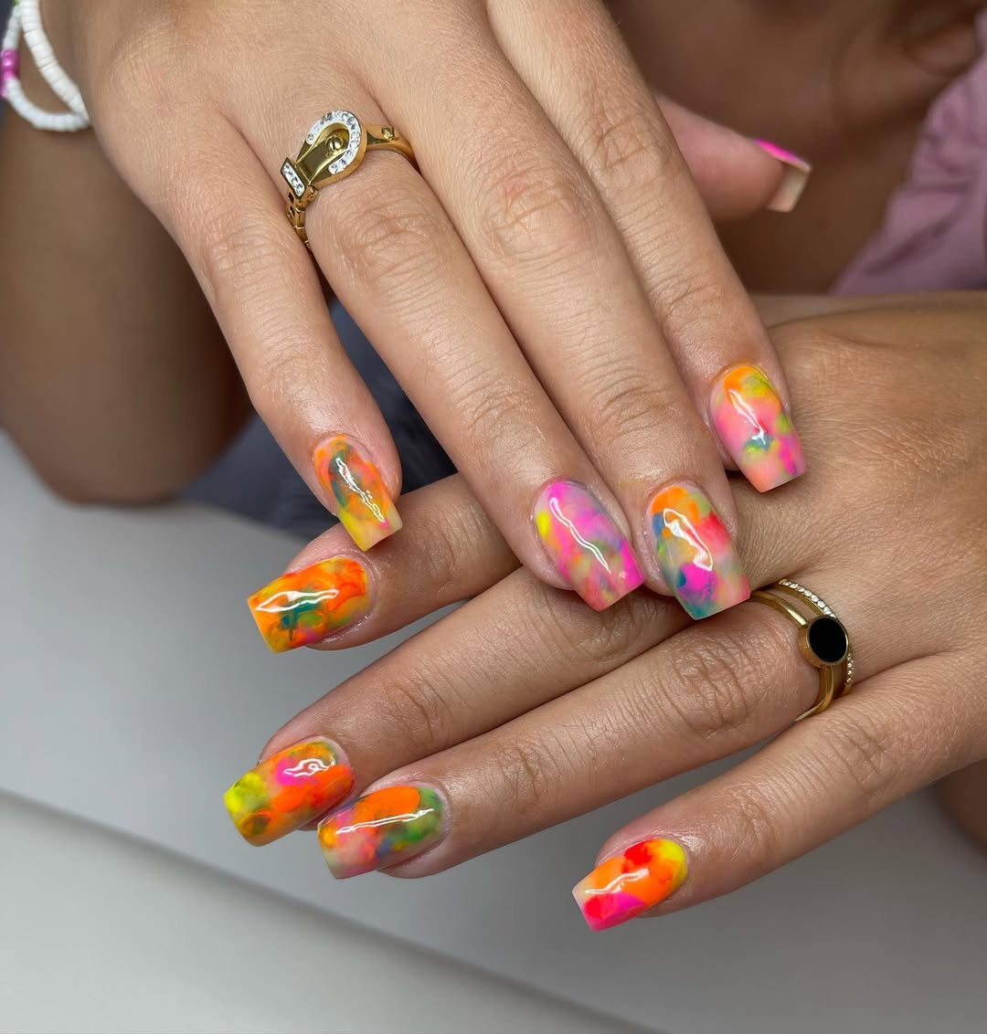 Rainbow Tie-Dye Watercolor Square Gloopy Nails