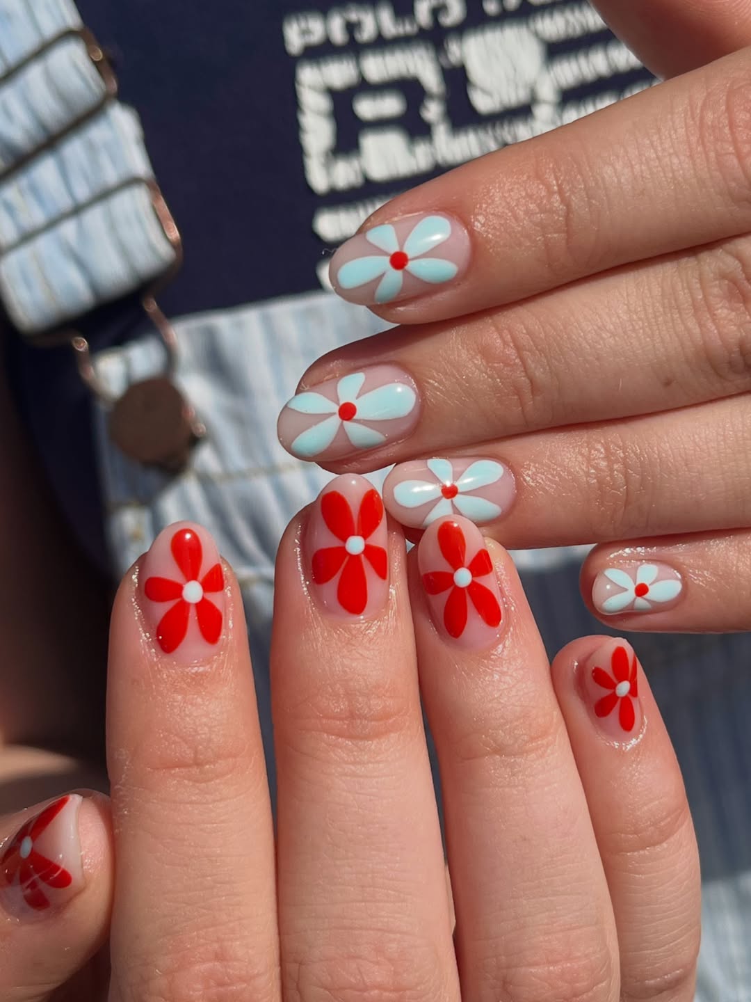 Red and Blue Floral Glossy Oval Nails