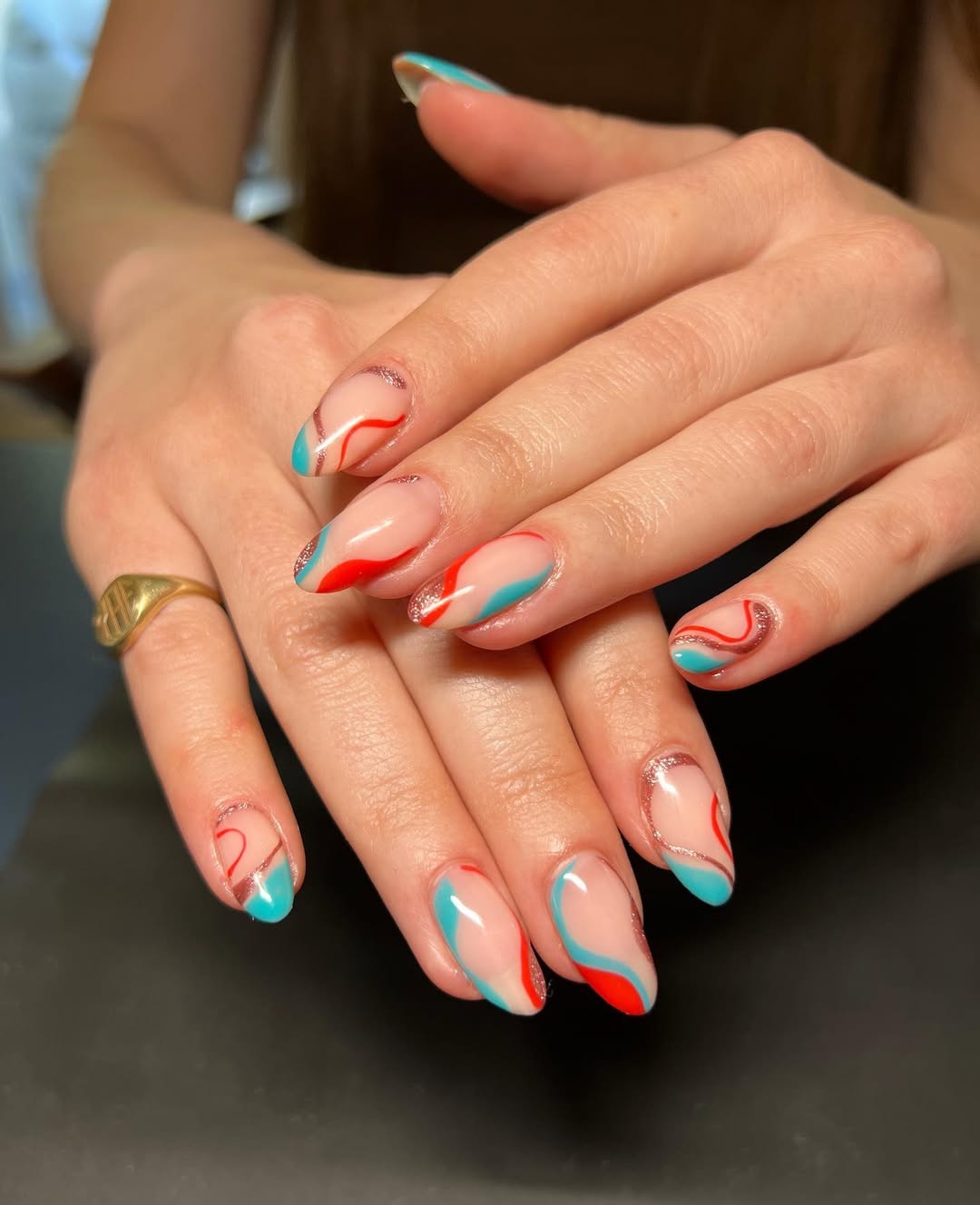 Red Aqua Swirl Almond Nails