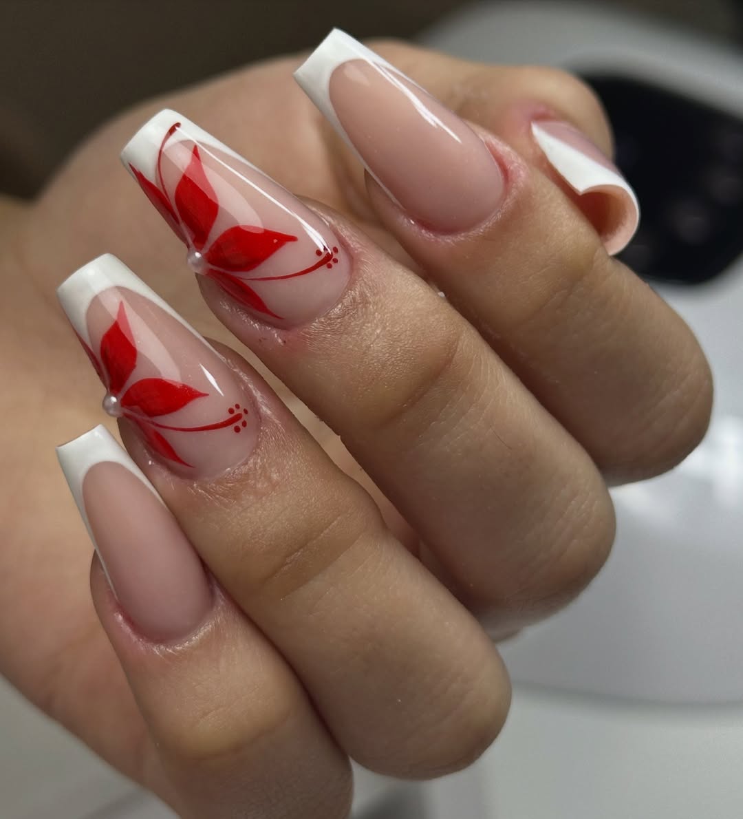 Red Floral French Tip Coffin Nails