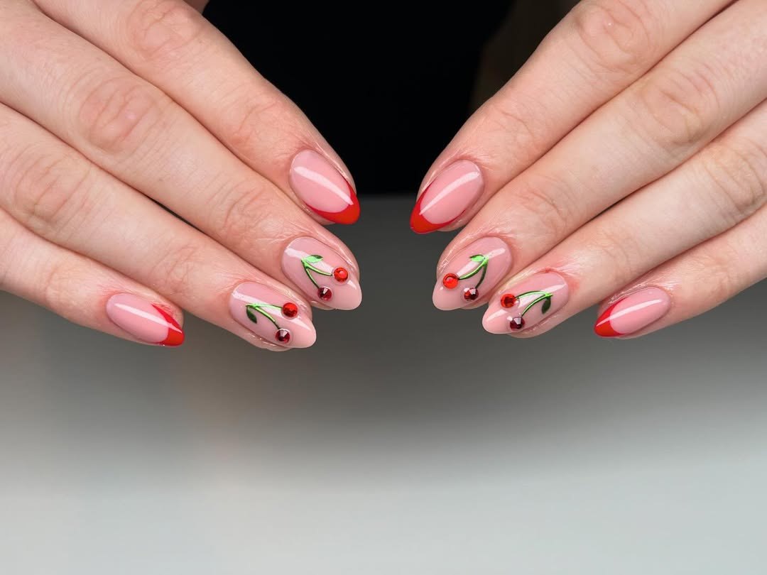 Red French Cherry Accent Summer Nails