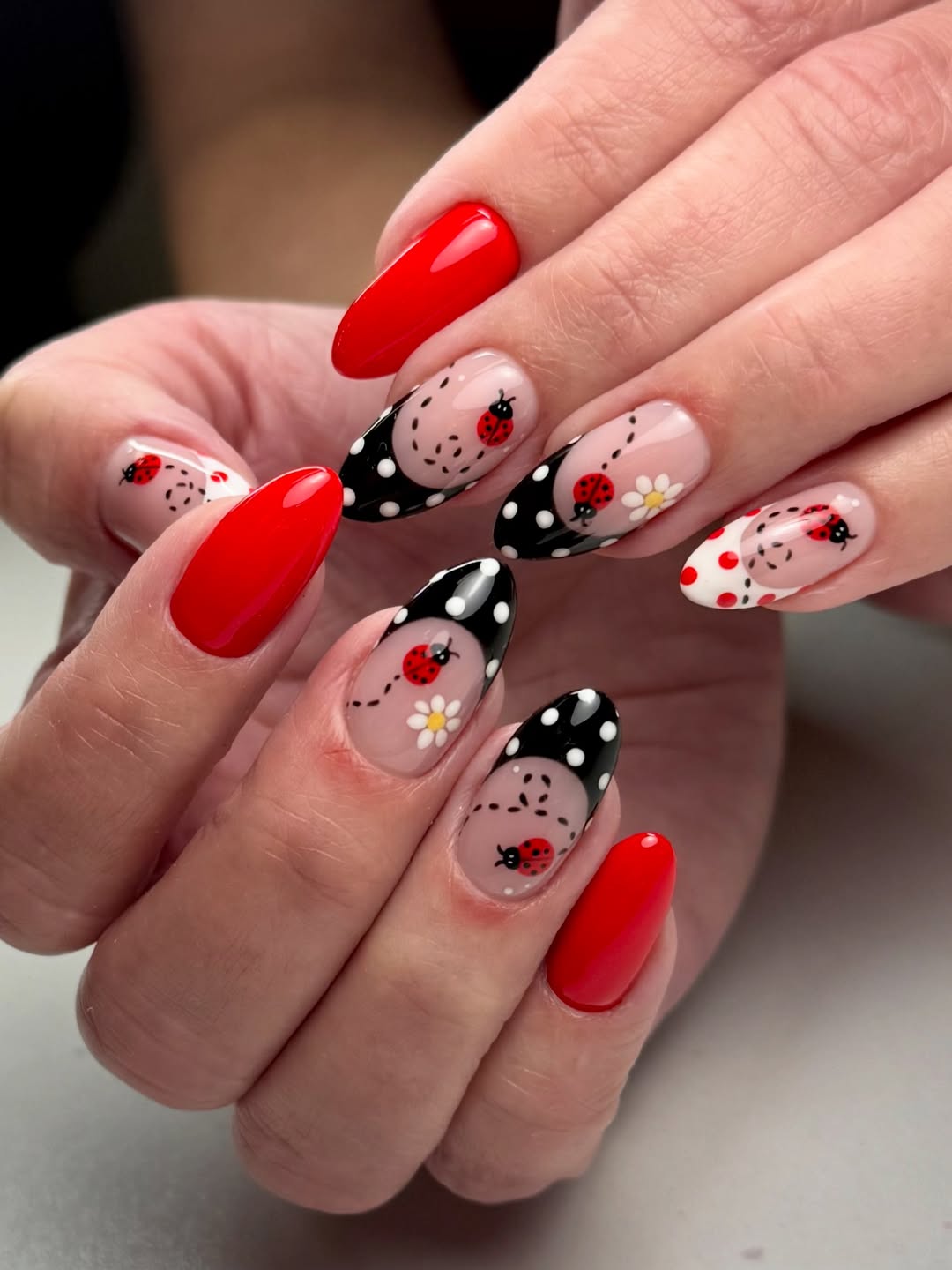 Red Ladybug Polka Dot Black And White French Tip
